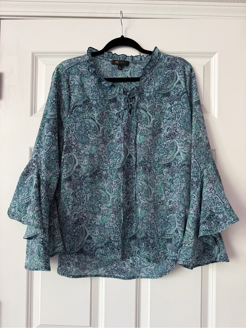 Frye Teal & Navy Paisley Ruffle-Sleeve Blouse